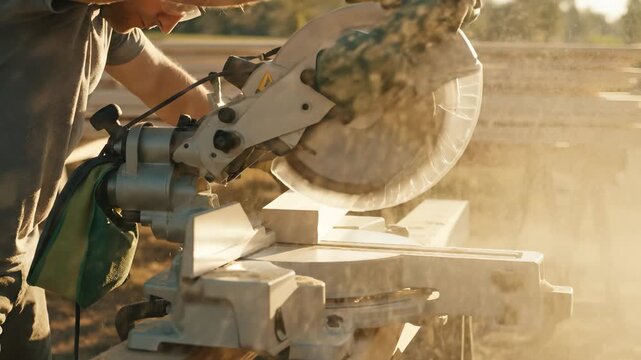 Skilled worker using a miter saw to cut wooden planks in a sunlit outdoor workspace, showcasing precision and craftsmanship in woodworking process