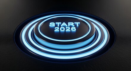 A futuristic close-up of a sleek illuminated start button embedded in a dark textured surface, glowing with blue neon accents and displaying the text “START 2026” at the center