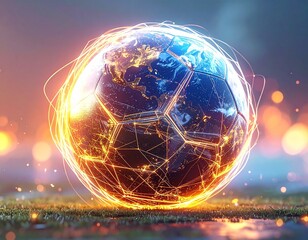 Global Football Concept. Soccer Ball with Earth Map Texture and Glowing Digital Network Lines.