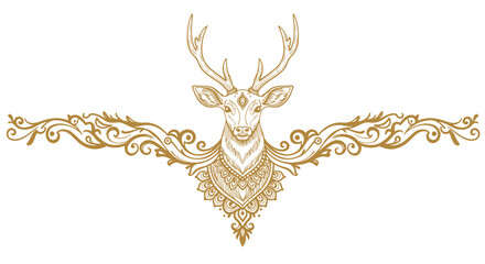 Elegant Golden Deer Head Illustration with Intricate Mandala Bohemian Decorative Design