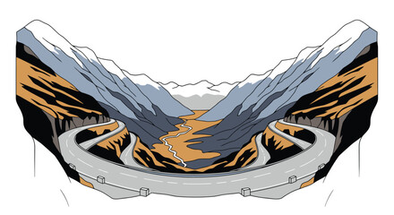 Scenic Mountain Pass with Winding Roads and River Valley Illustration