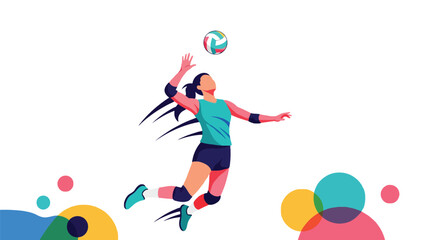 Dynamic Female Volleyball Player Serving Ball in Action Flat Illustration