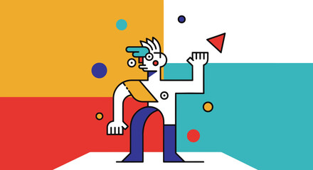 Abstract Geometric Human Figure Juggling Colorful Shapes Dynamic Illustration Modern