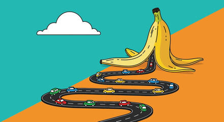 Winding Road Through Giant Banana Peel Illustrating Tricky Journey for Cars