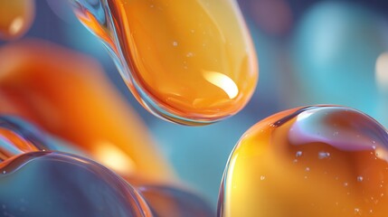 Vibrant orange translucent blobs floating in colorful gradient background
