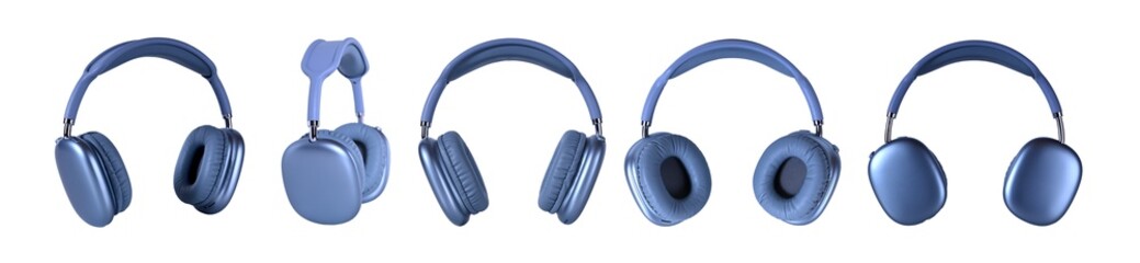 A set of modern wireless headphones in blue and gray tones on an isolated background.