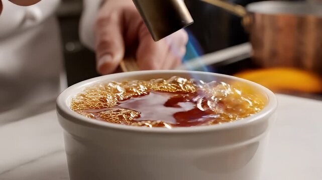 Chef Caramelizing Sugar on Creme Brulee Dessert.