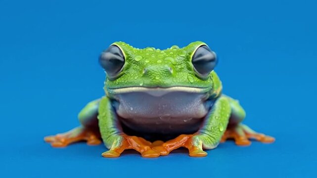 A close-up shot of a green frog sitting on a blue background with orange feet visible
