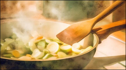 Warm kitchen vegetables gently stirred a watercolor illustration evokes cozy home cooking moments