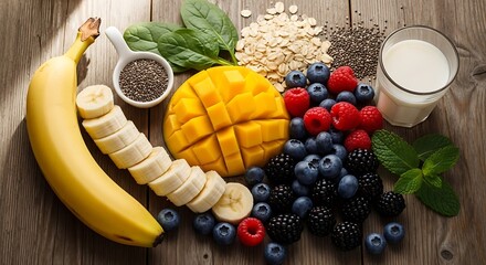 Healthy smoothie ingredients arranged artfully on a wooden surface