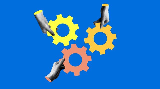 Spinning gears in halftone hands. Teamwork concept. Modern collage with halftone hands holding gears. Business solution concept. Innovation and optimization. Technical support. Animation