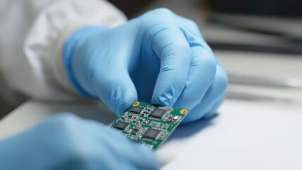 Skilled technician in blue gloves is soldering components on a circuit board, showcasing intricate electronic assembly and precision in a clean workspace with tools