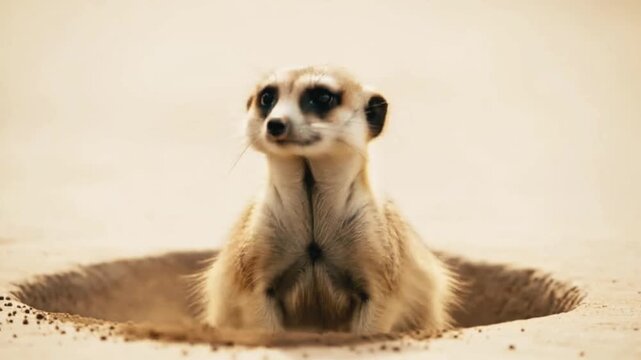 meerkat popping up from burrow, looking around cautiously, then quickly diving back in, repeats in playful rhythm. video