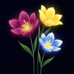Ethereal bouquet of glowing digital flowers in radiant pink, yellow, and blue hues