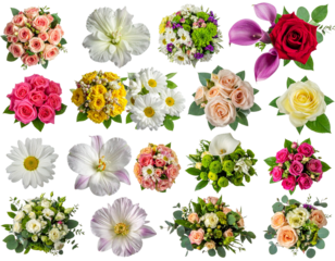 Assorted Bouquets: Roses, Rose & Lisianthus, Daisies & Chrysanthemums, Calla Lilies & Eucalyptus On Transparent Background