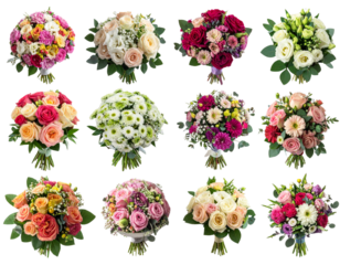 Assorted Bouquets: Roses, Rose & Lisianthus, Daisies & Chrysanthemums, Calla Lilies & Eucalyptus On Transparent Background