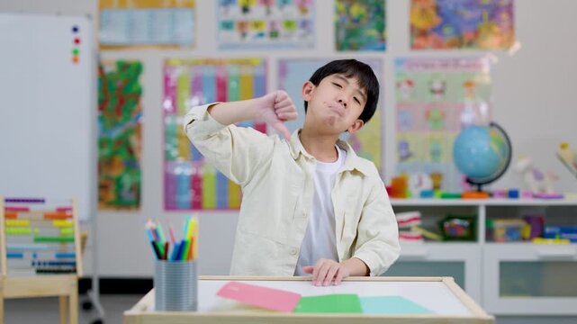 Asian schoolboy giving thumbs down in colorful classroom