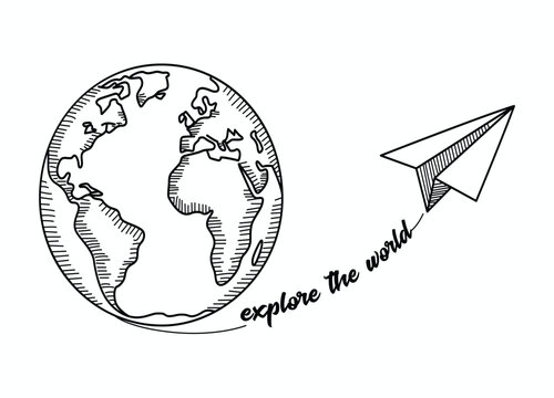 Artistic Earth and Paper Airplane Exploring the World in a Handdrawn Style