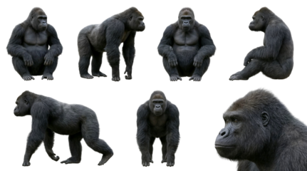 set of a gorilla in different poses, sitting, walking, standing isolated on a transparent background