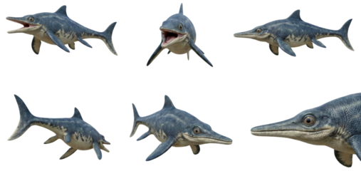 set of a ichthyosaurus in different poses, swimming, mouth open, side view isolated on a transparent background