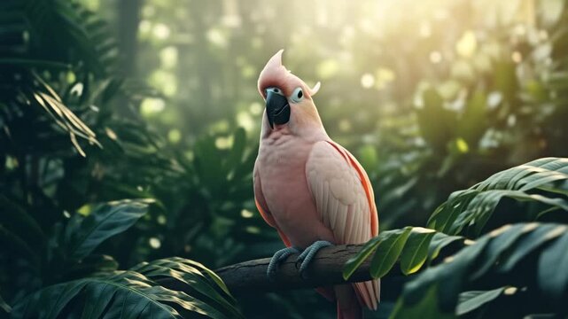 A pink parrot perched on a branch in a lush green forest with sunlight shining through leaves