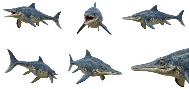 set of a ichthyosaurus in different poses, swimming, mouth open, side view isolated on a transparent background