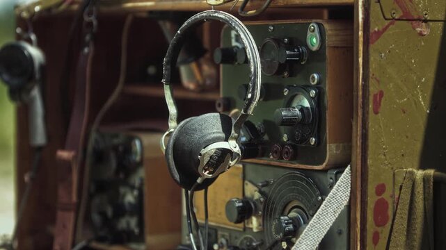 Closeup view of historical Soviet field radio station hardware and headphones, part of Red Army communications 