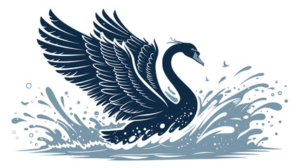 Obraz premium Dramatic swan emerging from water with wings spread wide