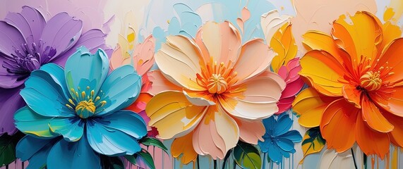 Textured floral oil painting: orange, peach, turquoise, violet blooms. Impasto, dynamic, modern, energetic, colorful, high contrast. Banner, wallart.