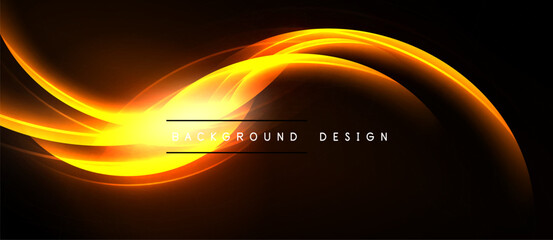 Dynamic orange flow, elegant curves, dark backdrop. Modern design element, bright energy radiates. Simple text overlay present.