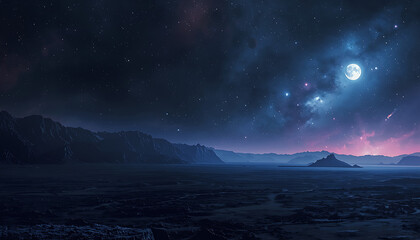 Fototapeta premium A beautiful cosmic landscape with stars and glowing celestial bodies in deep space, representing astronomy, the universe, mystery, and science fiction themes.