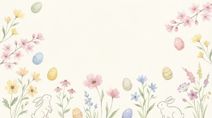 Easter celebration with bunnies and colorful flowers spring garden illustration whimsical aesthetic joyful atmosphere