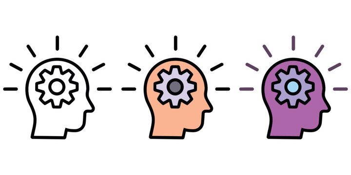 Human head with gear icon set illustrating thinking, idea, and mental process