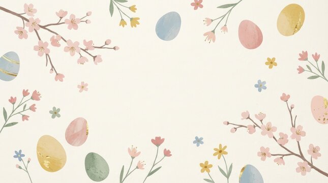Spring celebration of colorful easter eggs and blossoming flowers vibrant garden digital artwork whimsical design bird's eye view seasonal festivity