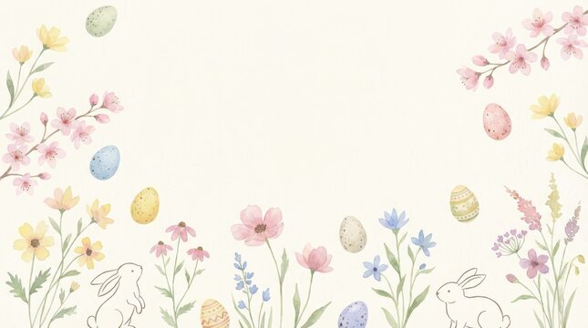 Easter celebration with bunnies and colorful flowers spring garden illustration whimsical aesthetic joyful atmosphere