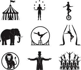 Silhouette vector collection of circus performers, animals, acrobats, jugglers, and big top elements showcasing classic entertainment acts in a dynamic artistic illustration