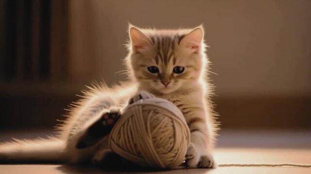 kitten attacking loose ball of yarn. Yarn tangles around paws, kitten spins, paws at it again, pauses and blinks, then continues playful chaos. video