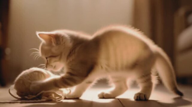 kitten attacking loose ball of yarn. Yarn tangles around paws, kitten spins, paws at it again, pauses and blinks, then continues playful chaos. video
