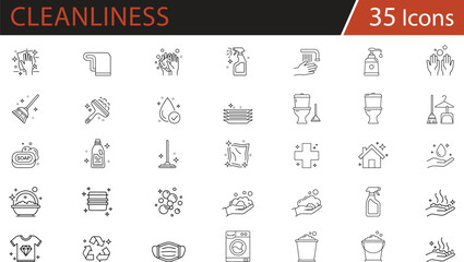 Hygiene, cleaning, and sanitation icons set featuring handwashing, disinfection, laundry, and eco-friendly practices for public health campaigns, home care guides, and environmental awareness 