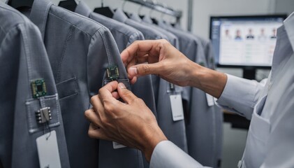 Closeup medium shot of employee securing smart textile tags on uniforms highlighting technology integration for staff management and asset monitoring.
