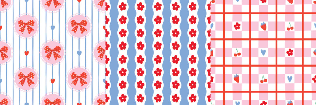 Coquette seamless pattern set with polka dot bows, red flowers stripes, pink gingham checks, hearts, cherry, and strawberry. Perfect for fabric, stationery, wrapping paper, Valentine designs.