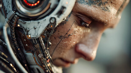 A cyborg’s face blends human skin and mechanical parts. Sweat glistens on their skin, red lights glow in the machinery