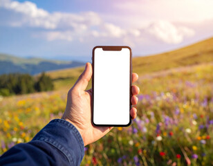 Hand holding smartphone in blooming meadow with mountains