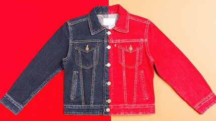 reversible. A reversible jacket lying on a plain surface, one side blue and the other red. lifestyle magazines, social media lookbooks, designed for lifestyle magazines and social media content.