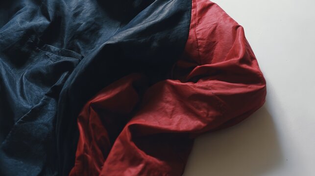 reversible. A reversible jacket lying on a plain surface, one side blue and the other red. lifestyle magazines, social media lookbooks, designed for lifestyle magazines and social media content.