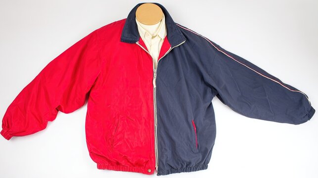 reversible. A reversible jacket lying on a plain surface, one side blue and the other red. lifestyle magazines, social media lookbooks, designed for lifestyle magazines and social media content.