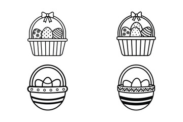 easter basket vector icon set with eggs outline