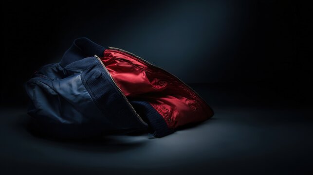 reversible. A reversible jacket lying on a plain surface, one side blue and the other red. lifestyle magazines, social media lookbooks, designed for lifestyle magazines and social media content.