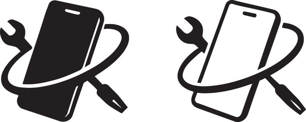 Abstract mobile phone repair service logo in clean silhouette vector style, editable EPS.