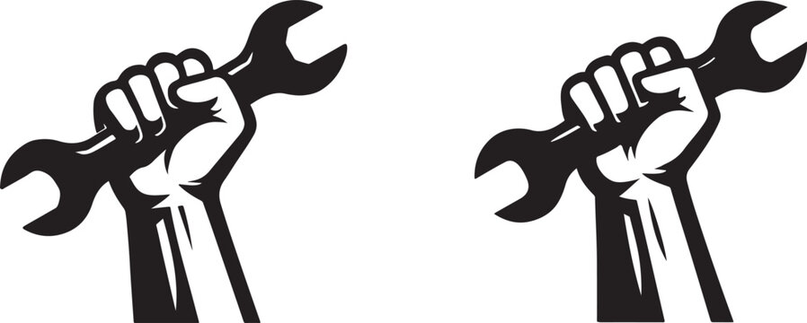 Clenched fist holding large wrench labor icon in bold silhouette vector style, editable EPS.